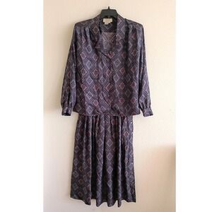 Vintage Silk Studio Claude Bennett Paisley Silk Skirt Blouse Set Navy Blue 8‎